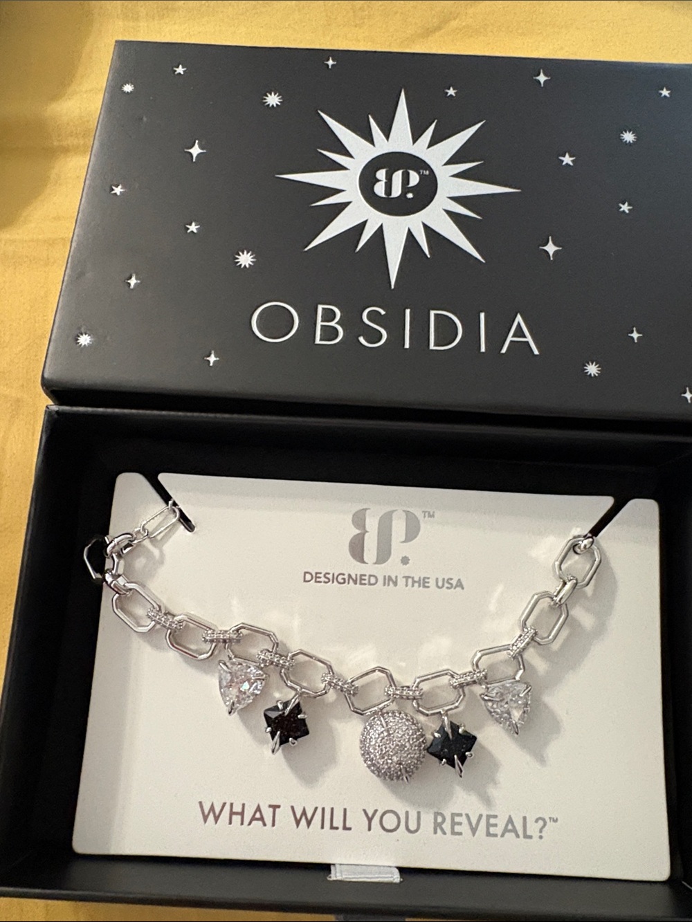 Obsidia Silver Link Necklace with Black & White Crystal Charms